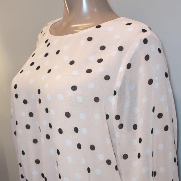 Adrianna Papell Polka Dot Blouse Sheer Layered Bell Flare Sleeve Smocked Hem Top - Picture 4 of 11